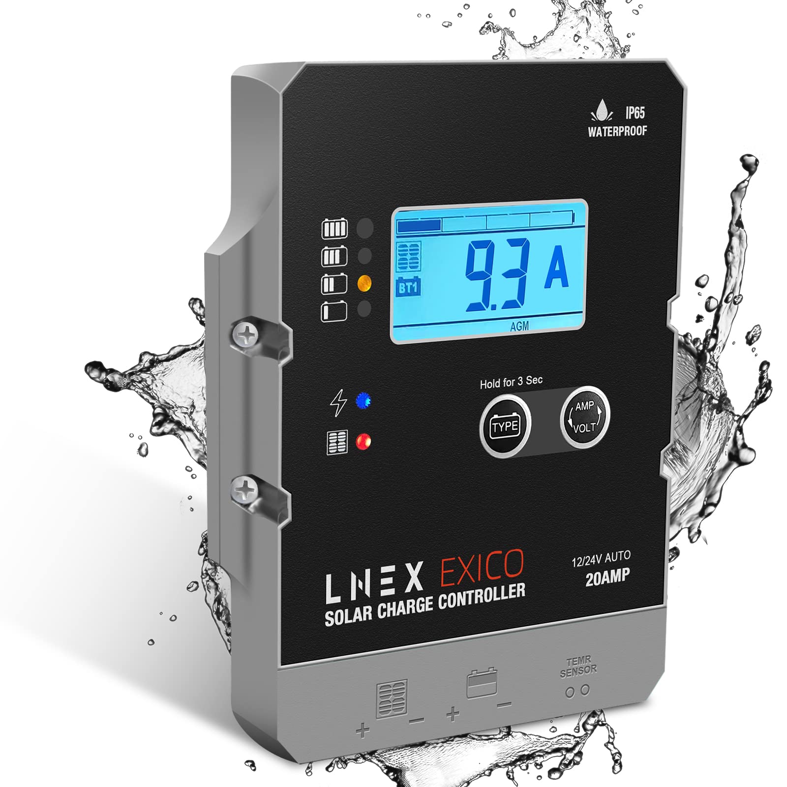 LNEX solar charging controller with LCD displays real-time status for monitoring.