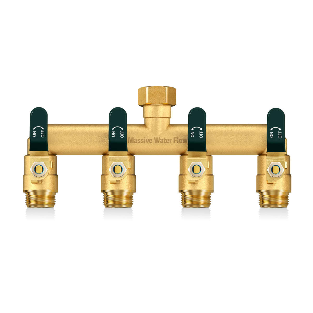 LNEZCDB 4-way hose splitter front view emphasizes sturdy brass construction for outdoors.