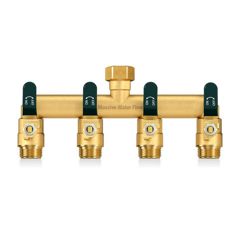 LNEZCDB 4-way hose splitter front view emphasizes sturdy brass construction for outdoors.
