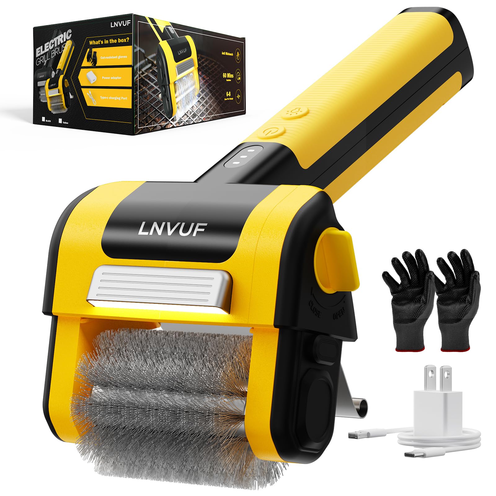 LNVUF electric grill brush with LED light in action cleaning a hot grill.