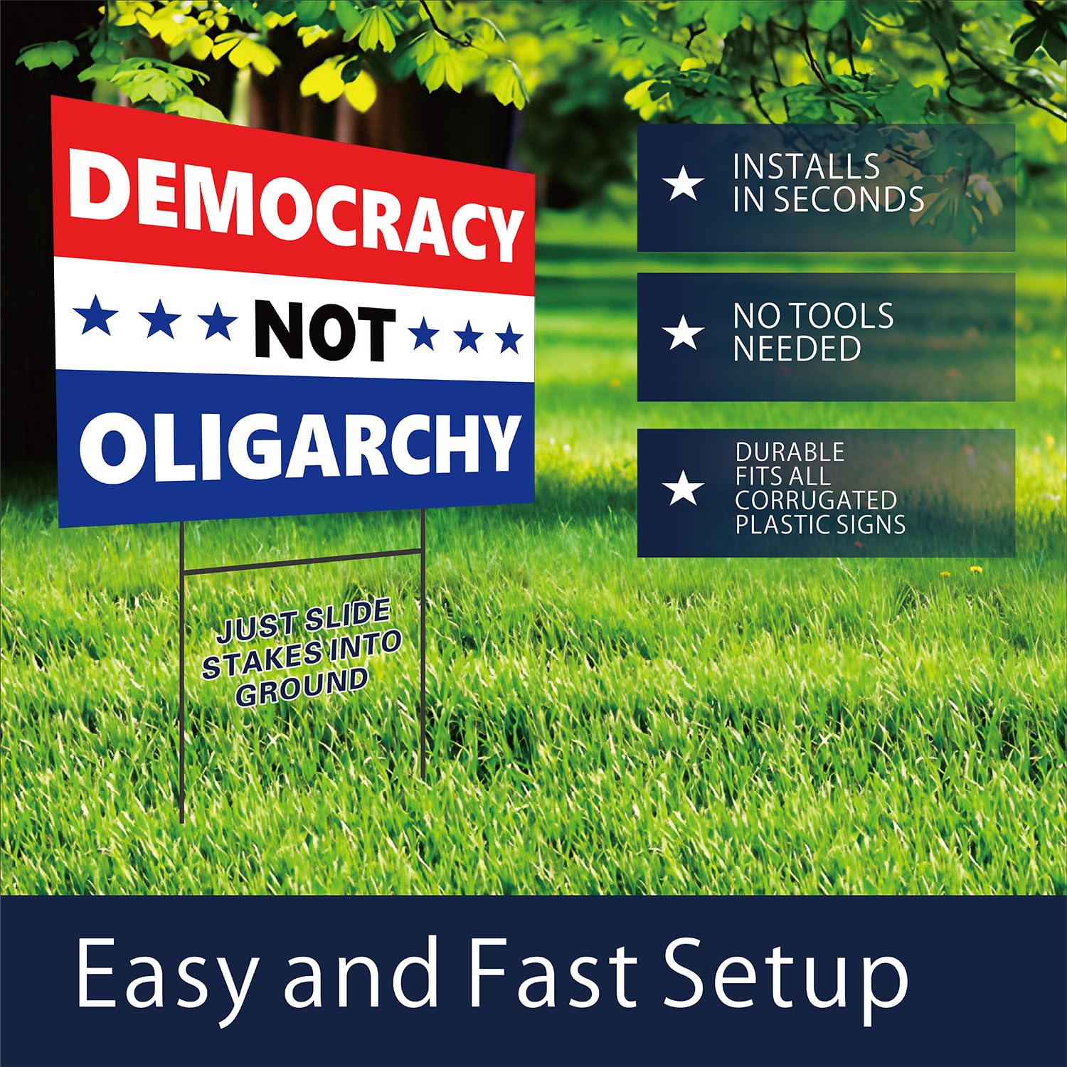 Lnyelxa yard sign, side angle, readable from multiple directions at rallies.