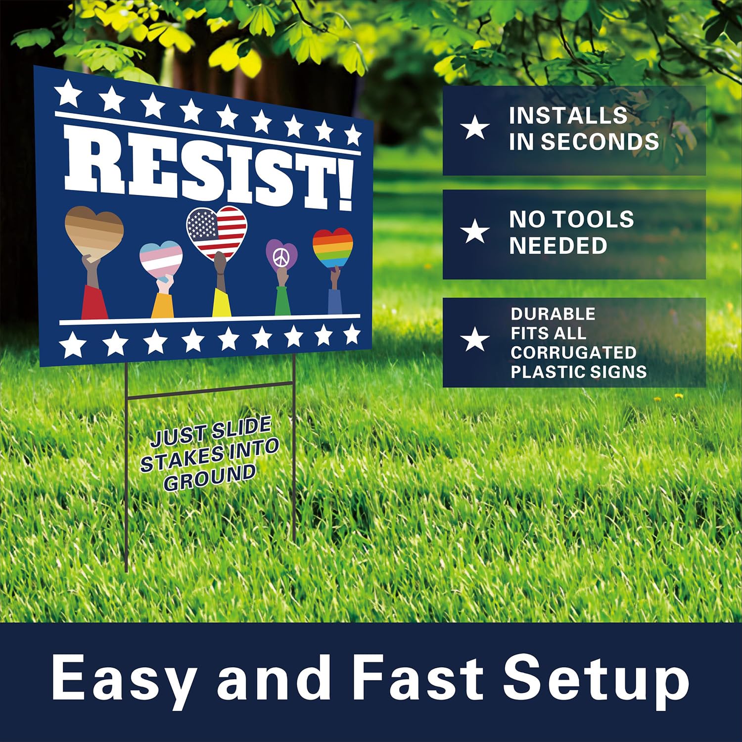 Lnyelxa Resist sign installed in a garden for yard display.
