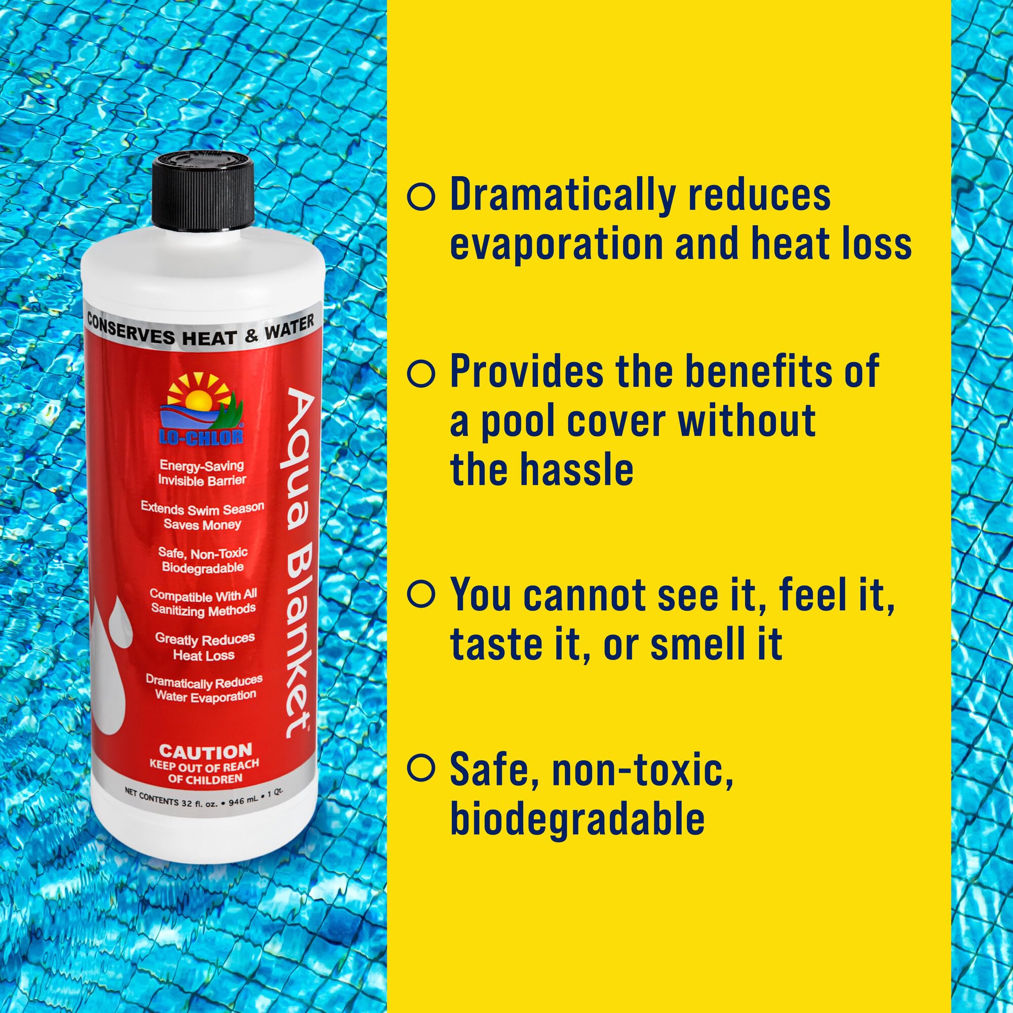 Lo-Chlor Aqua Blanket heat retention shows how mild warmth extends swimming season.
