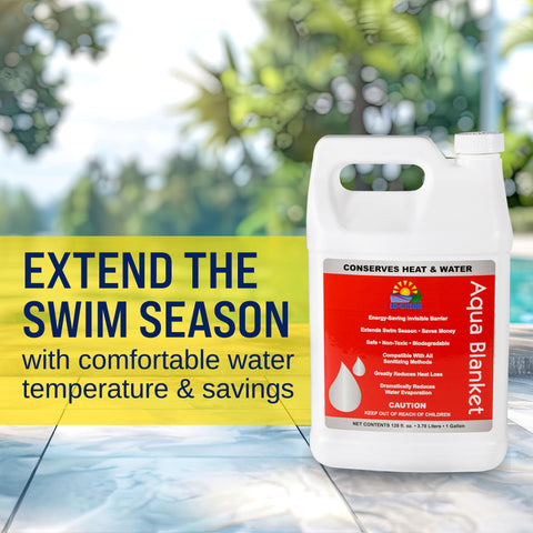 Lo-Chlor Aqua Blanket pouring into pool water to form an invisible protective layer.