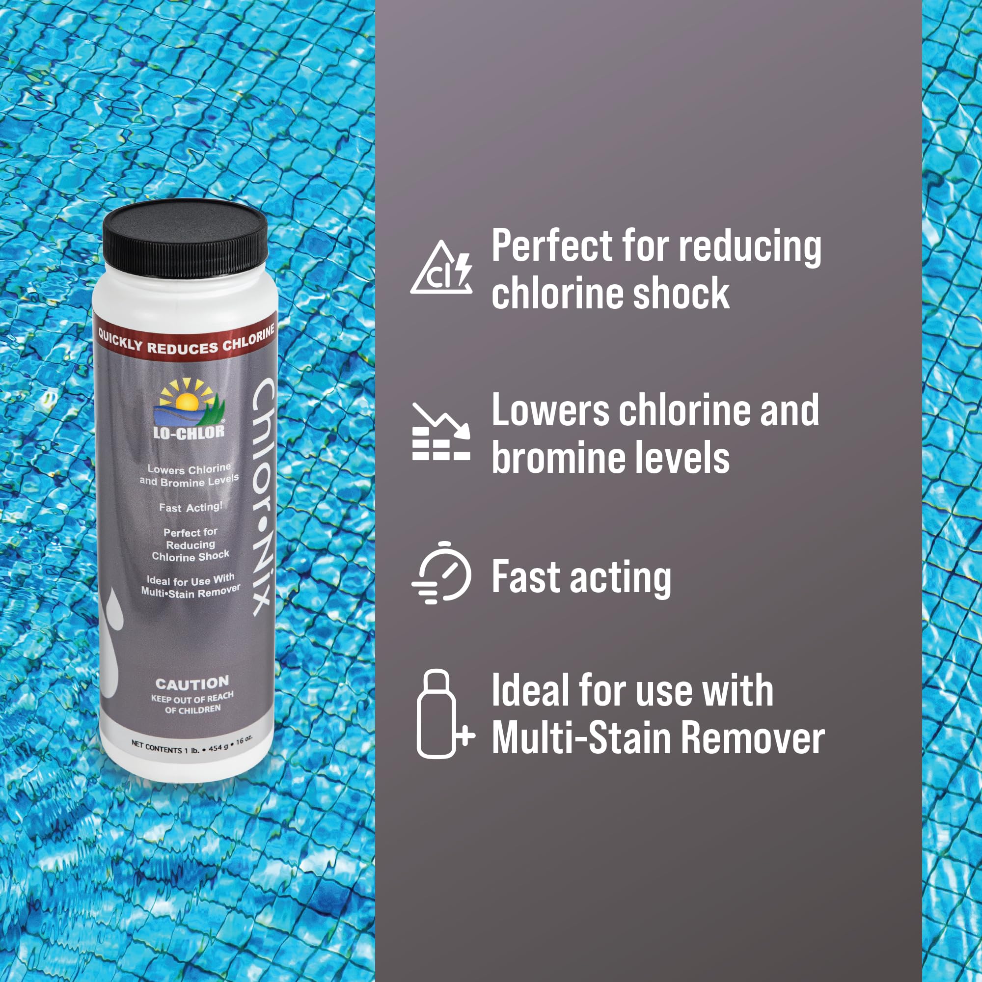 Lo-Chlor Chlor-Nix bottle cap and label for safe handling.