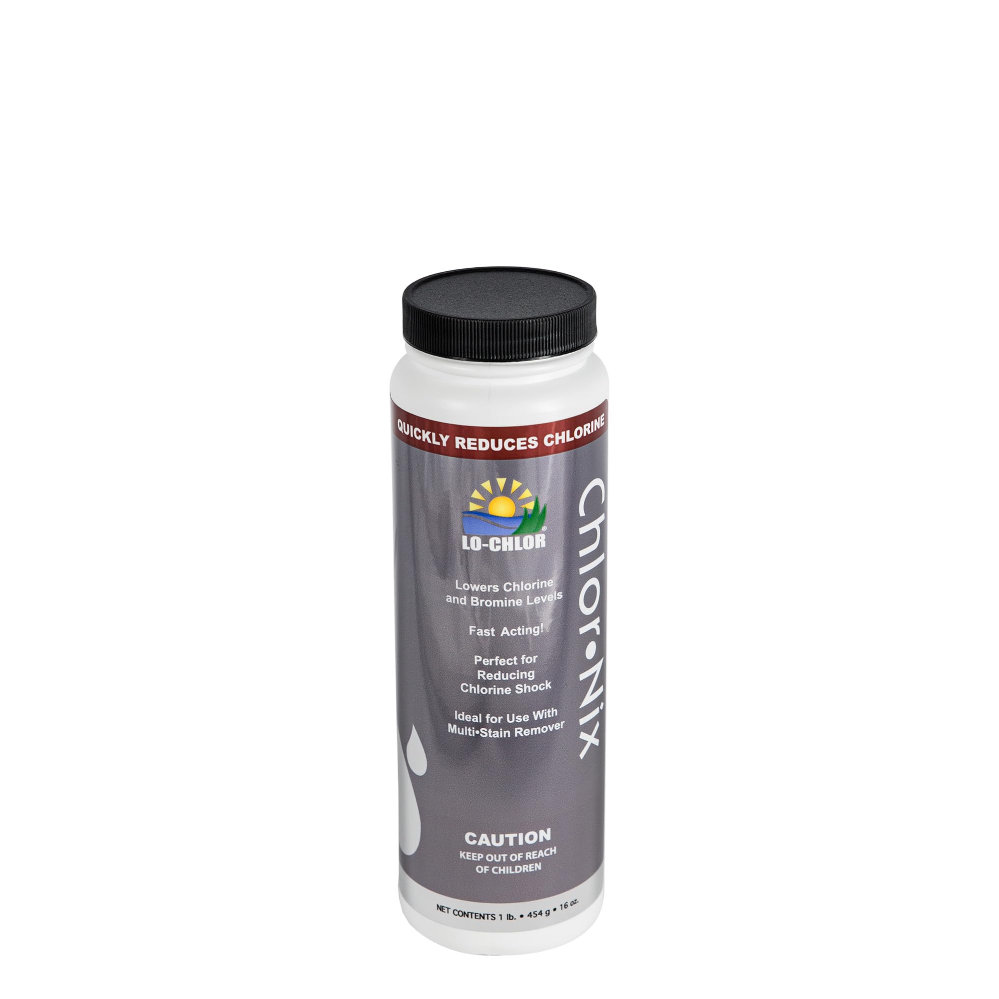 Lo-Chlor Chlor-Nix bottle front with label for quick pool chlorine reduction.