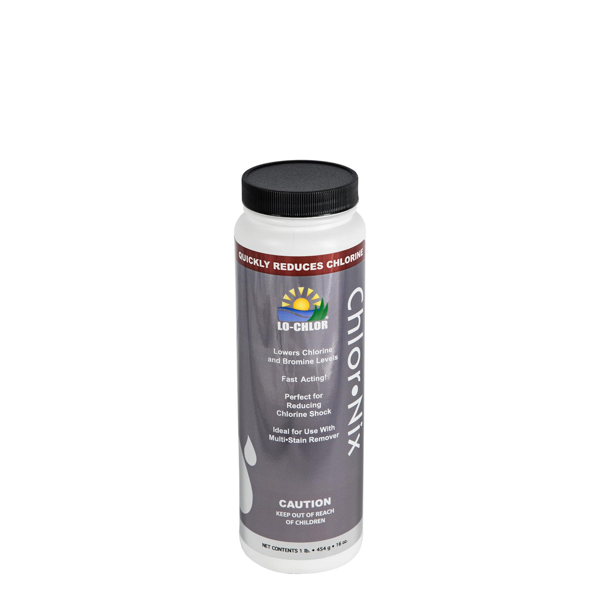 Lo-Chlor Chlor-Nix bottle front with label for quick pool chlorine reduction.