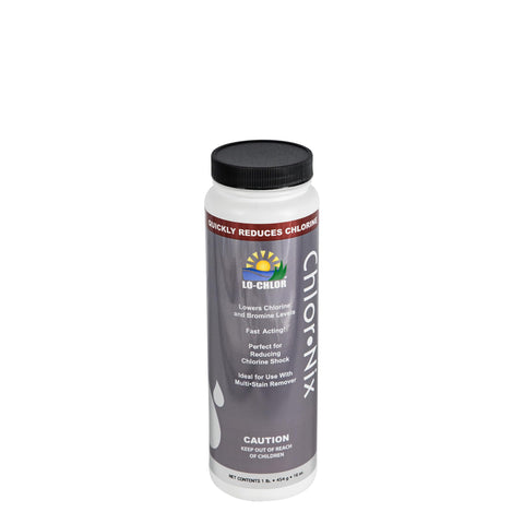 Lo-Chlor Chlor-Nix bottle front with label for quick pool chlorine reduction.