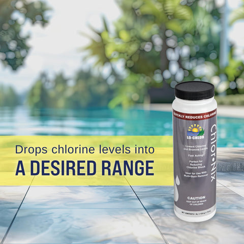 Chlor-Nix dosing spout illustrating easy two-ounce dosing for large pools.
