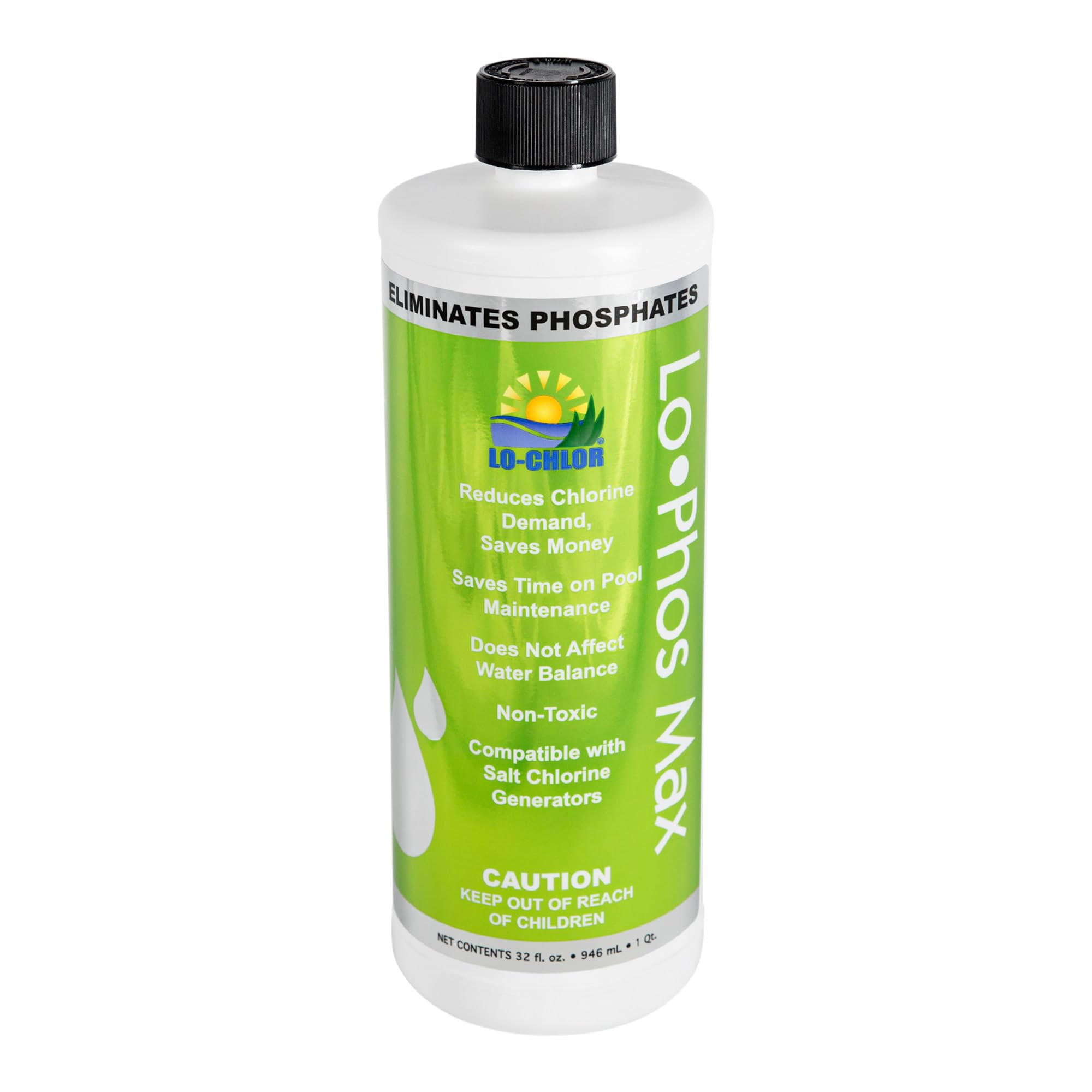 Lo-Chlor Lo-Phos Max phosphate remover poured into pool water to reduce phosphates.