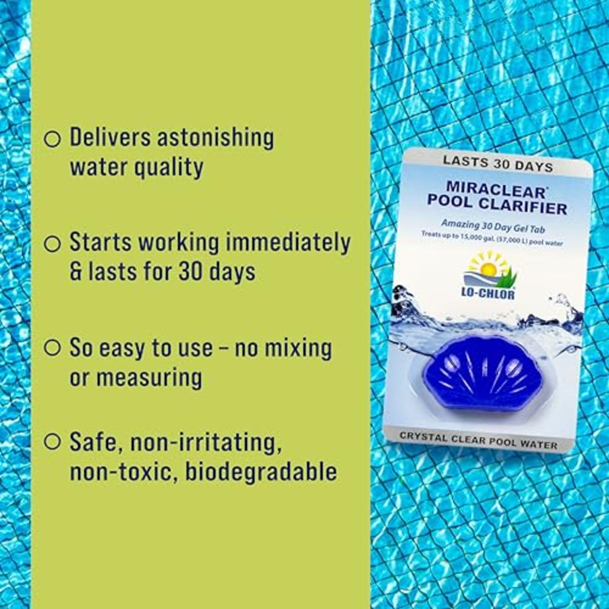 Lo-Chlor Miraclear bottle label shows a convenient clarifier solution for easy pool care.