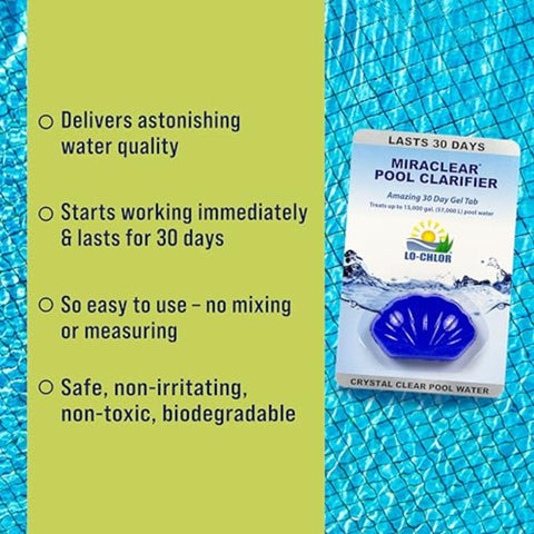 Lo-Chlor Miraclear bottle label shows a convenient clarifier solution for easy pool care.