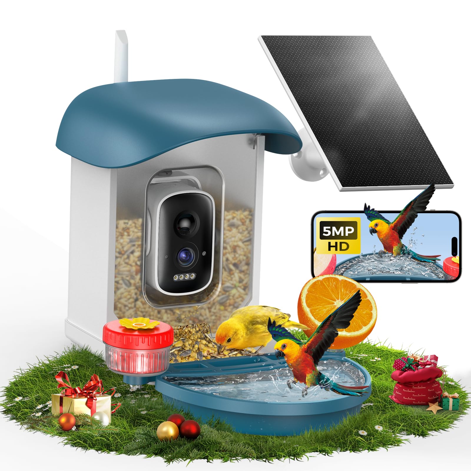 Loatos Bird Feeder Camera with 5MP wide-angle view for clear bird watching.