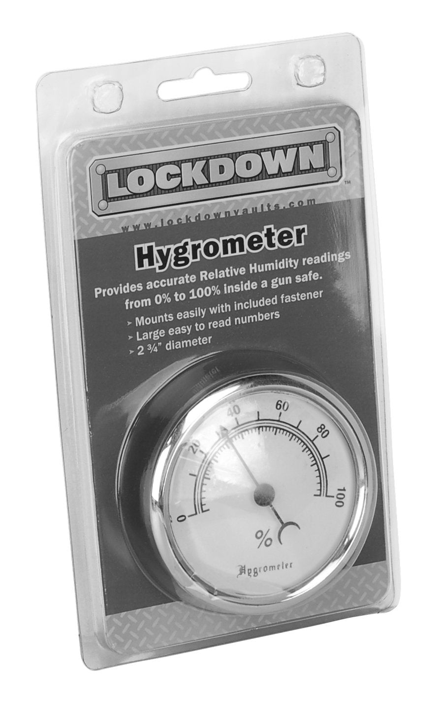 Lockdown hygrometer with large numbers enables easy humidity monitoring inside safes.