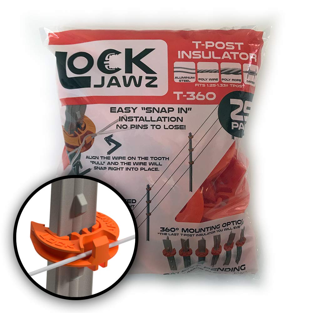 LockJawz T-Post Fence Insulator Orange on a post for high-visibility safety.