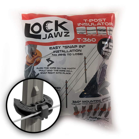 Lock Jawz T-360 insulator black packaging for a 25-pack.