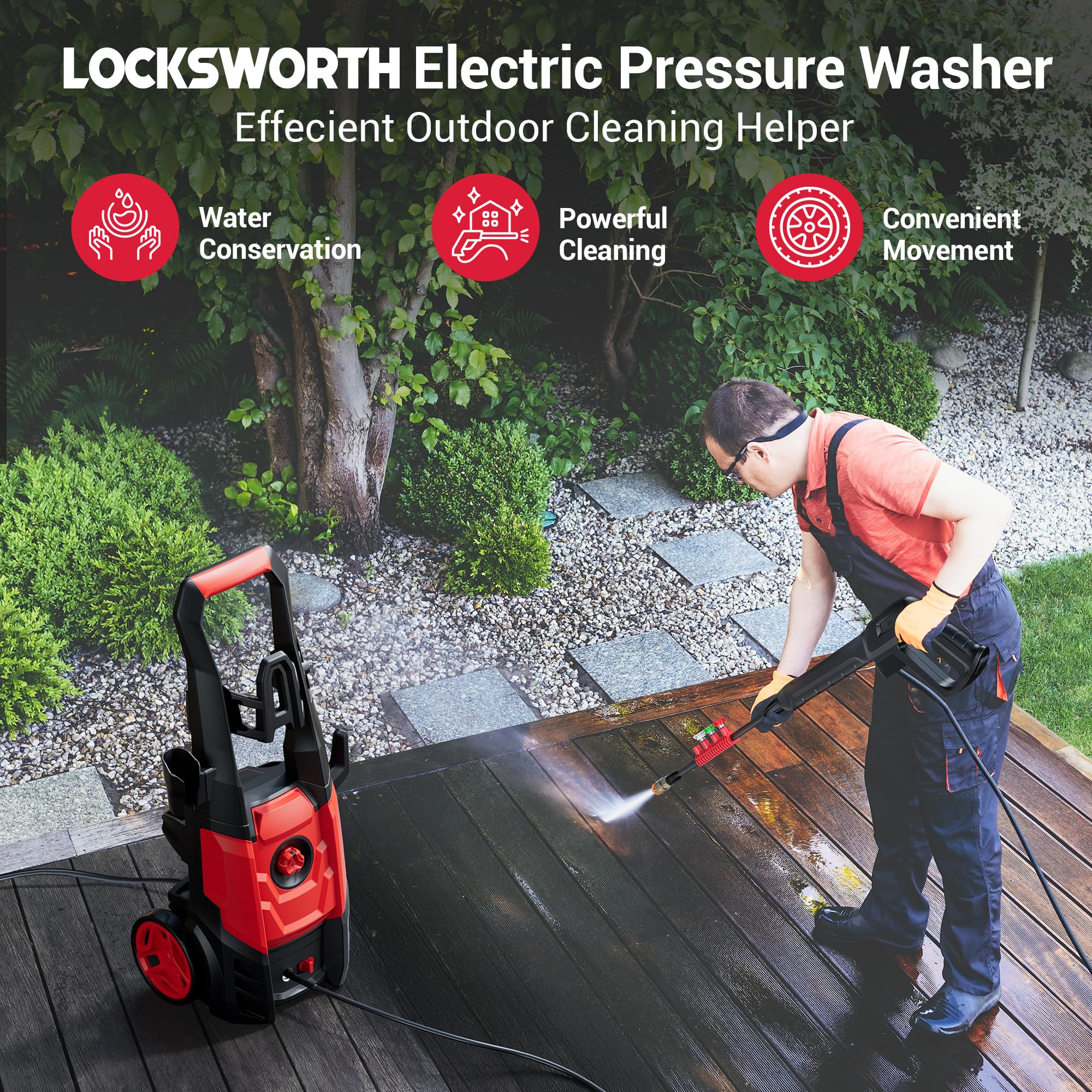 Locksworth 25-degree nozzle balances coverage and power on patios and furniture.