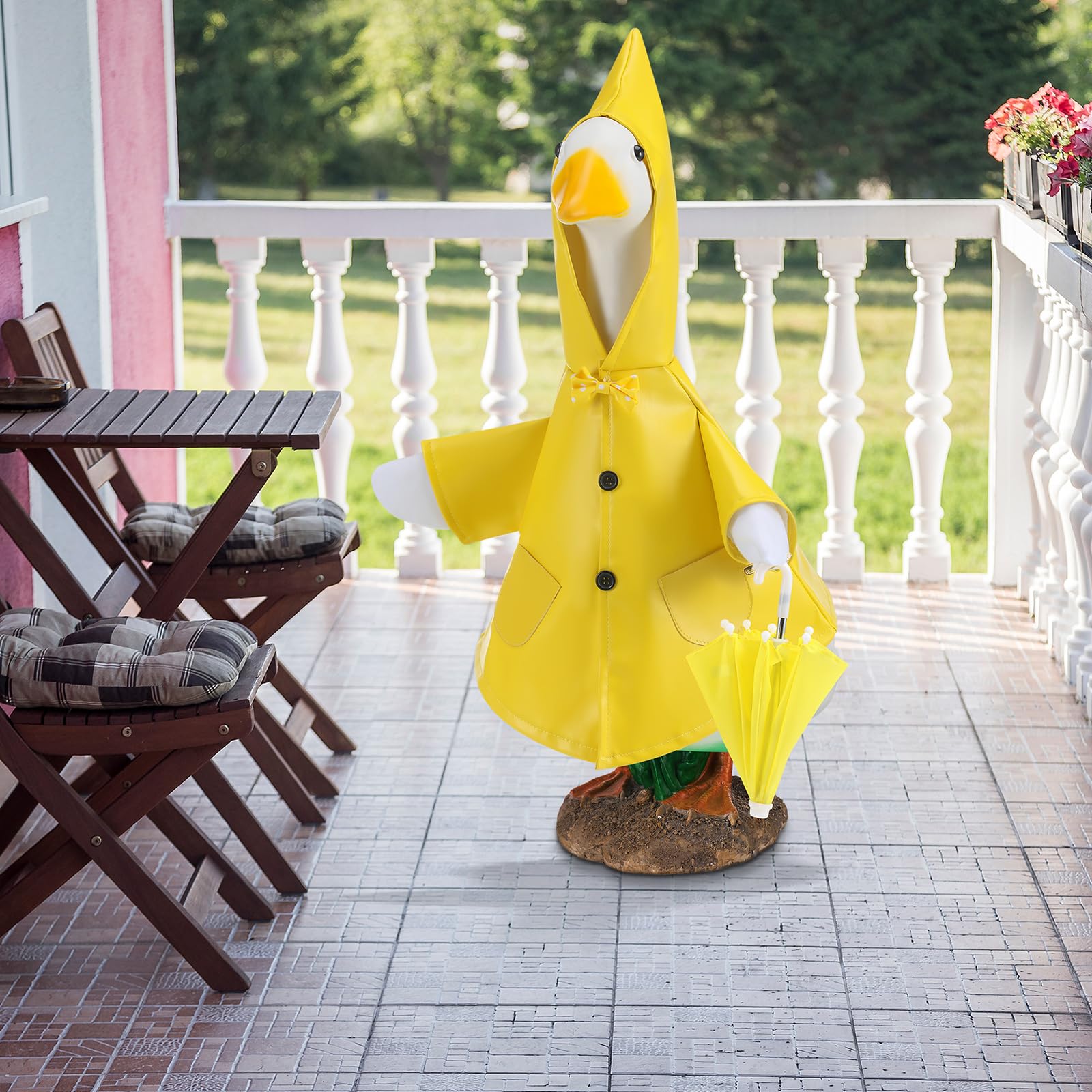 Locmeo vibrant yard decor using the goose costume for seasonal display.