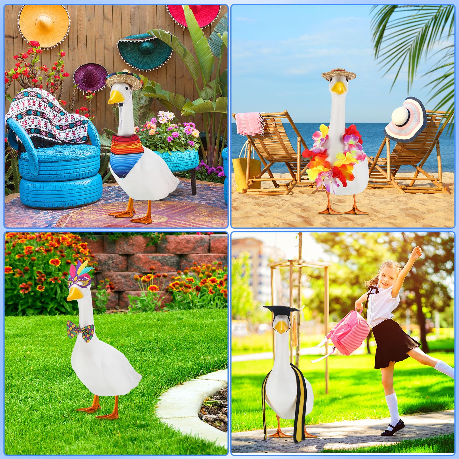 Locmeo witch costume for goose creates playful Halloween display.