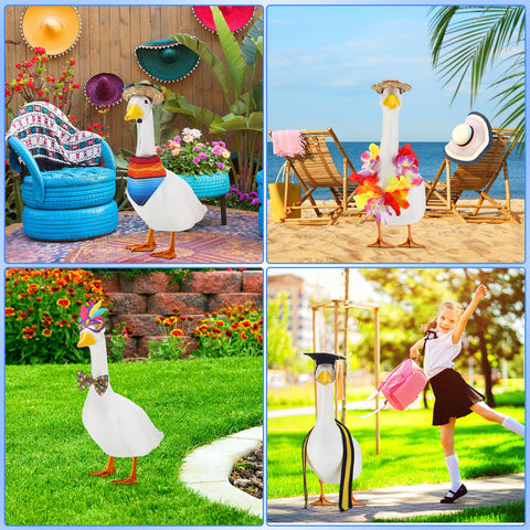 Locmeo witch costume for goose creates playful Halloween display.