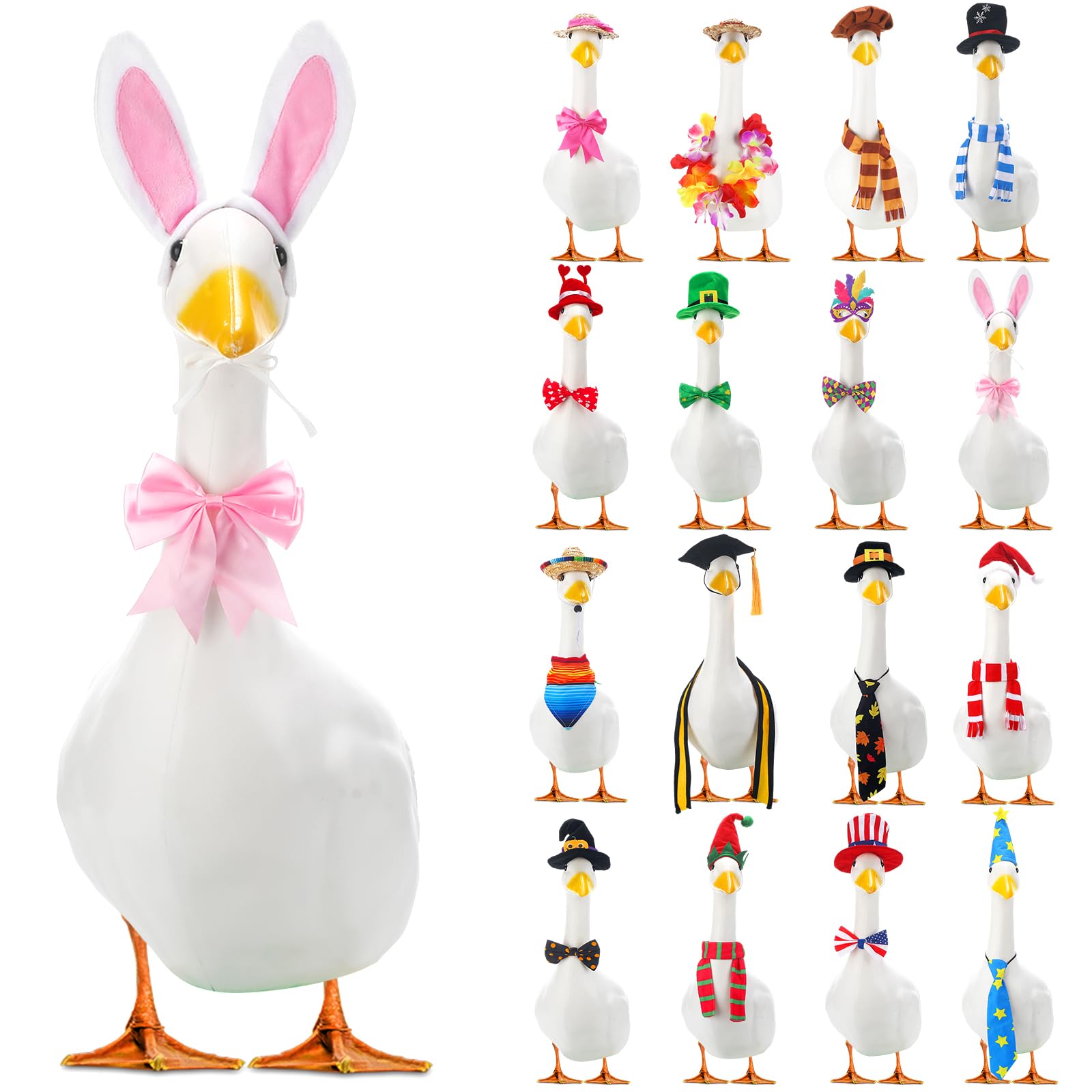 Locmeo 16-set goose outfits on a 23-inch lawn goose for year-round porch decor.