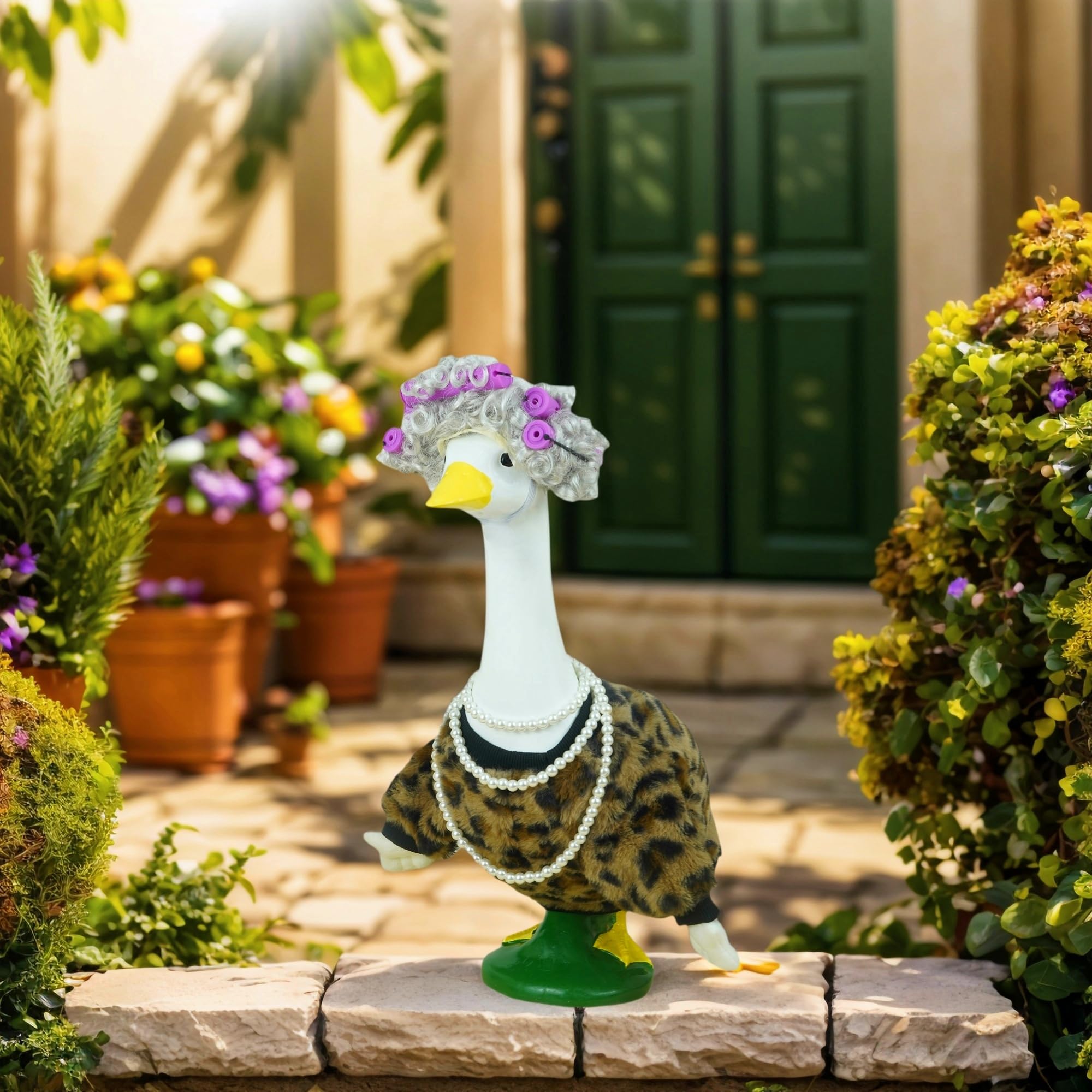 LOCORED porch goose statue wearing leopard outfit boosts curb appeal.