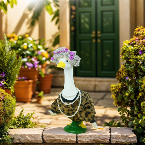 LOCORED porch goose statue wearing leopard outfit boosts curb appeal.