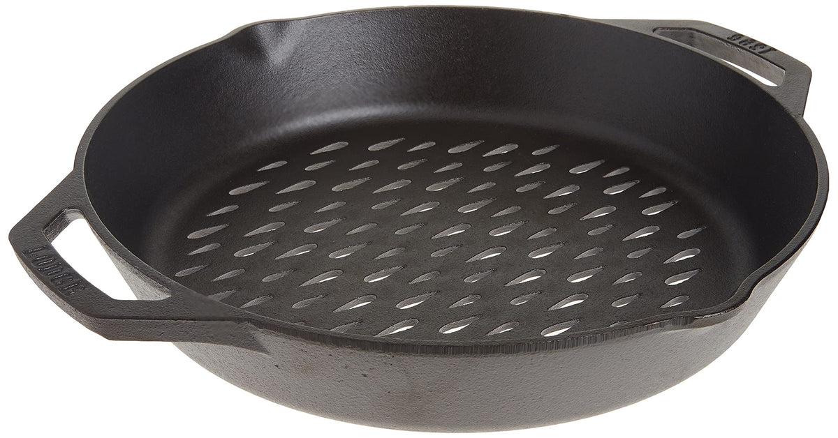 Lodge 12-inch cast iron grilling pan with grid protects food from falling through grates.