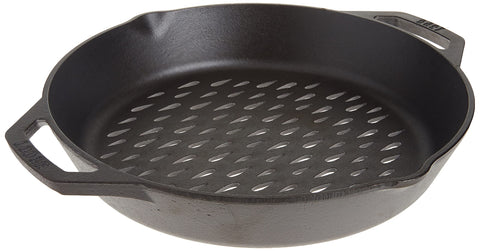 Lodge 12-inch cast iron grilling pan with grid protects food from falling through grates.