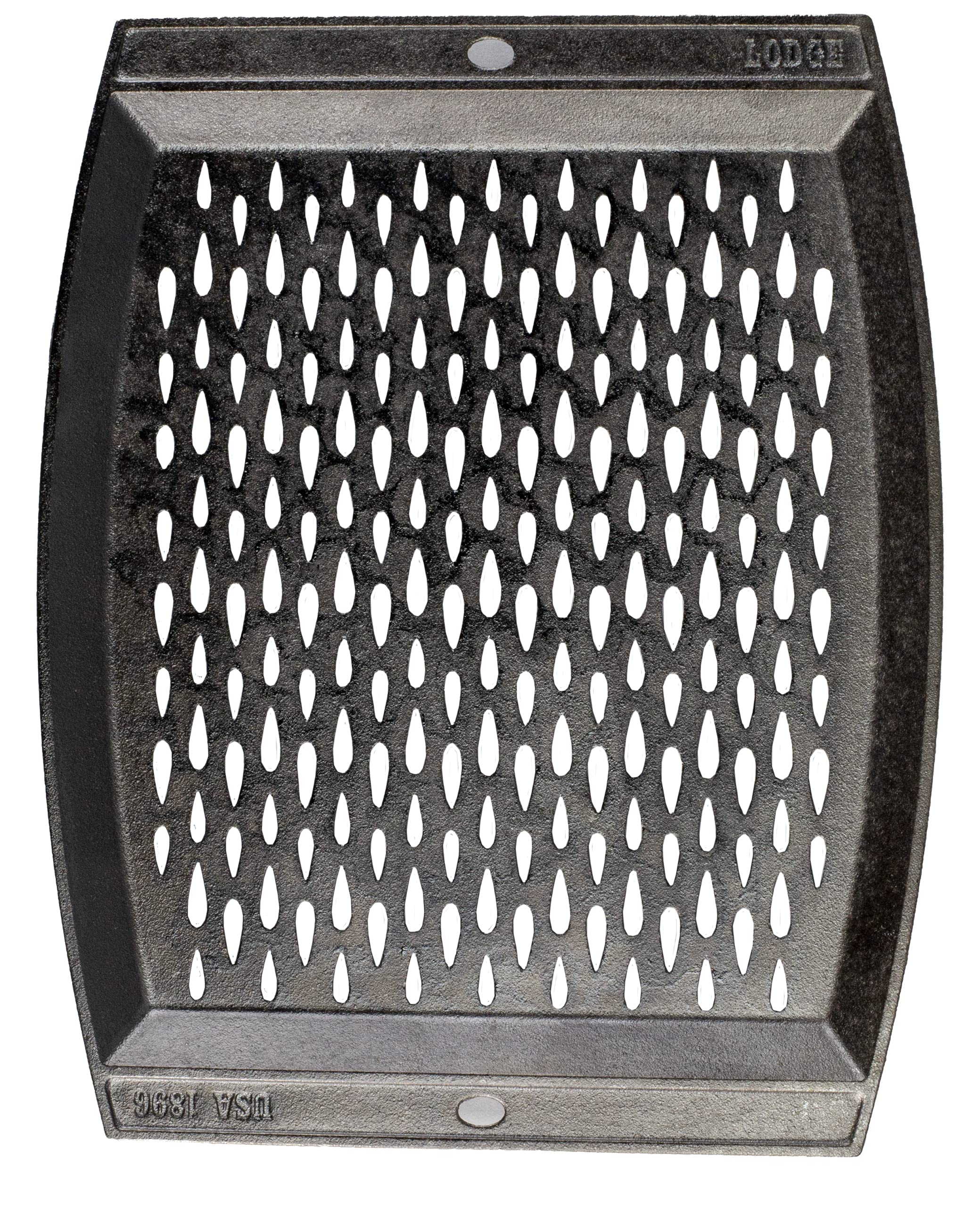 Lodge cast-iron grill topper with teardrop perforations for smoky grill flavor.