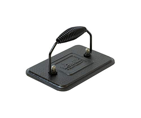 Heavy Lodge cast iron grill press with hammered finish for even heat retention.