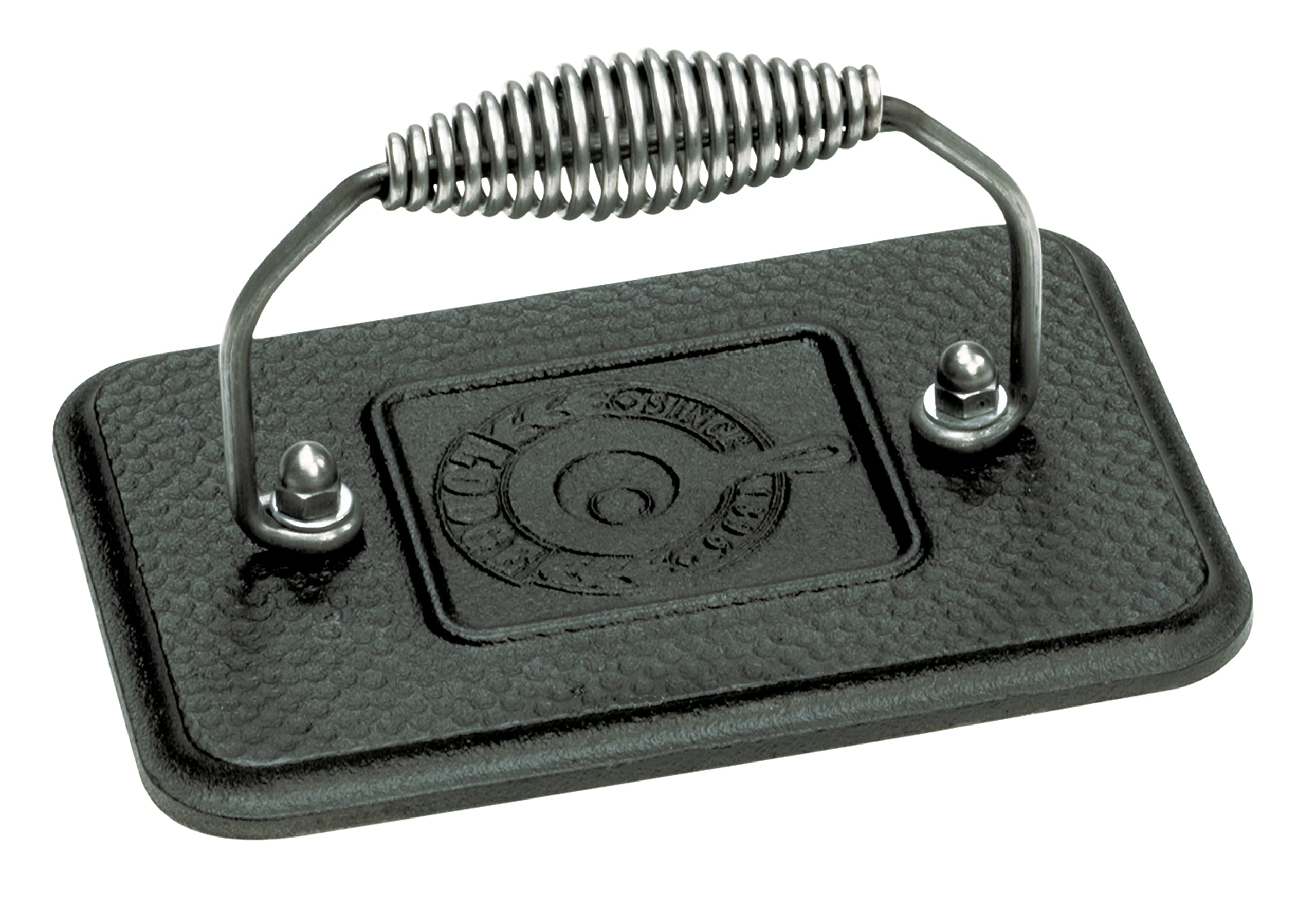 Lodge grill press with cool-grip spiral handle for safe, comfortable burgers on the stovetop.