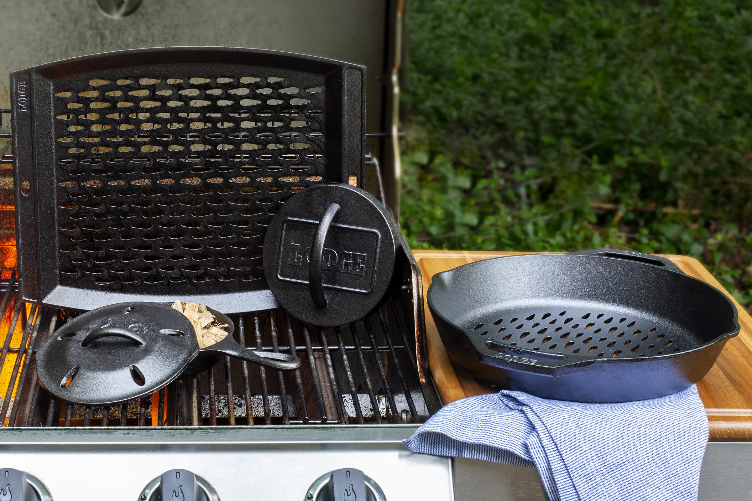 Lodge USA-made cast iron grill topper built for backyard grilling and versatile searing.