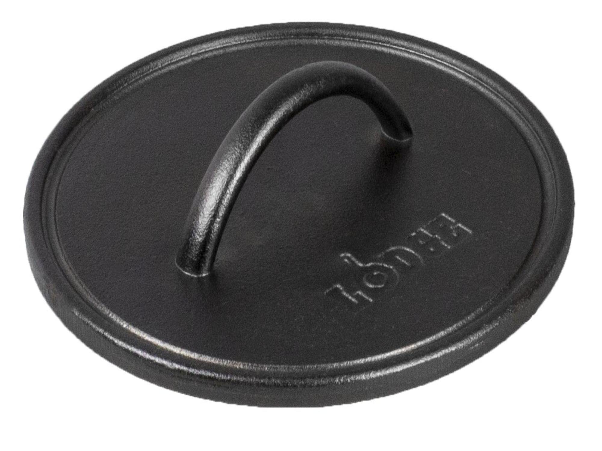 Lodge pre-seasoned round cast iron press, 8-inch, flat burgers and crisp sear.