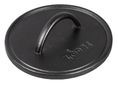 Lodge pre-seasoned round cast iron press, 8-inch, flat burgers and crisp sear.