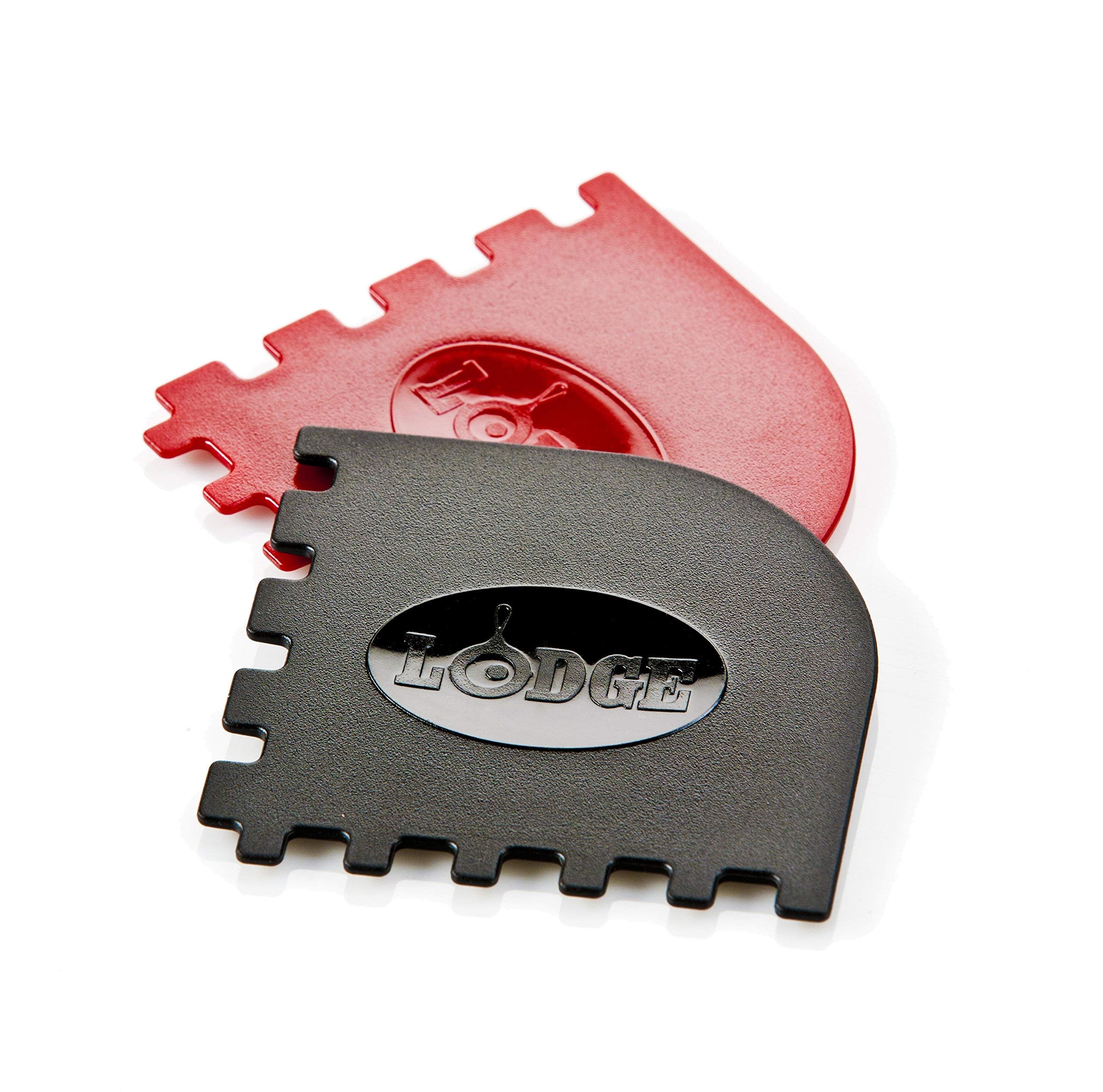 Lodge Grill Pan Scrapers two-pack in red and black; safe cleaning for grill pans.