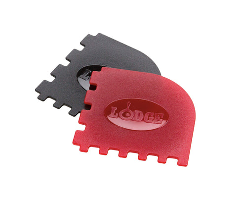 Lodge scraper with two tooth sizes; fits Lodge grill pans for efficient residue removal.