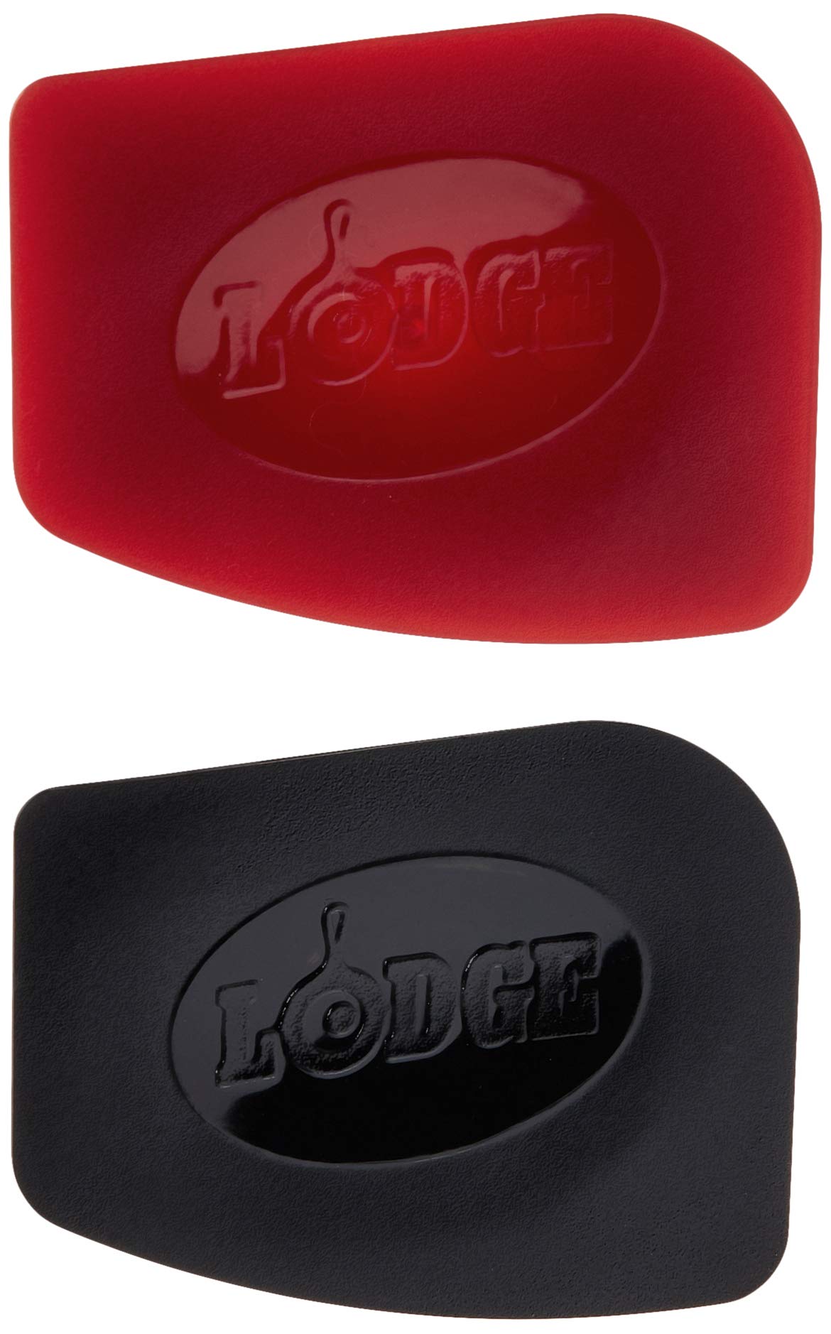 Lodge SCRAPERPK red and black pan scrapers front view for versatile corner cleaning.