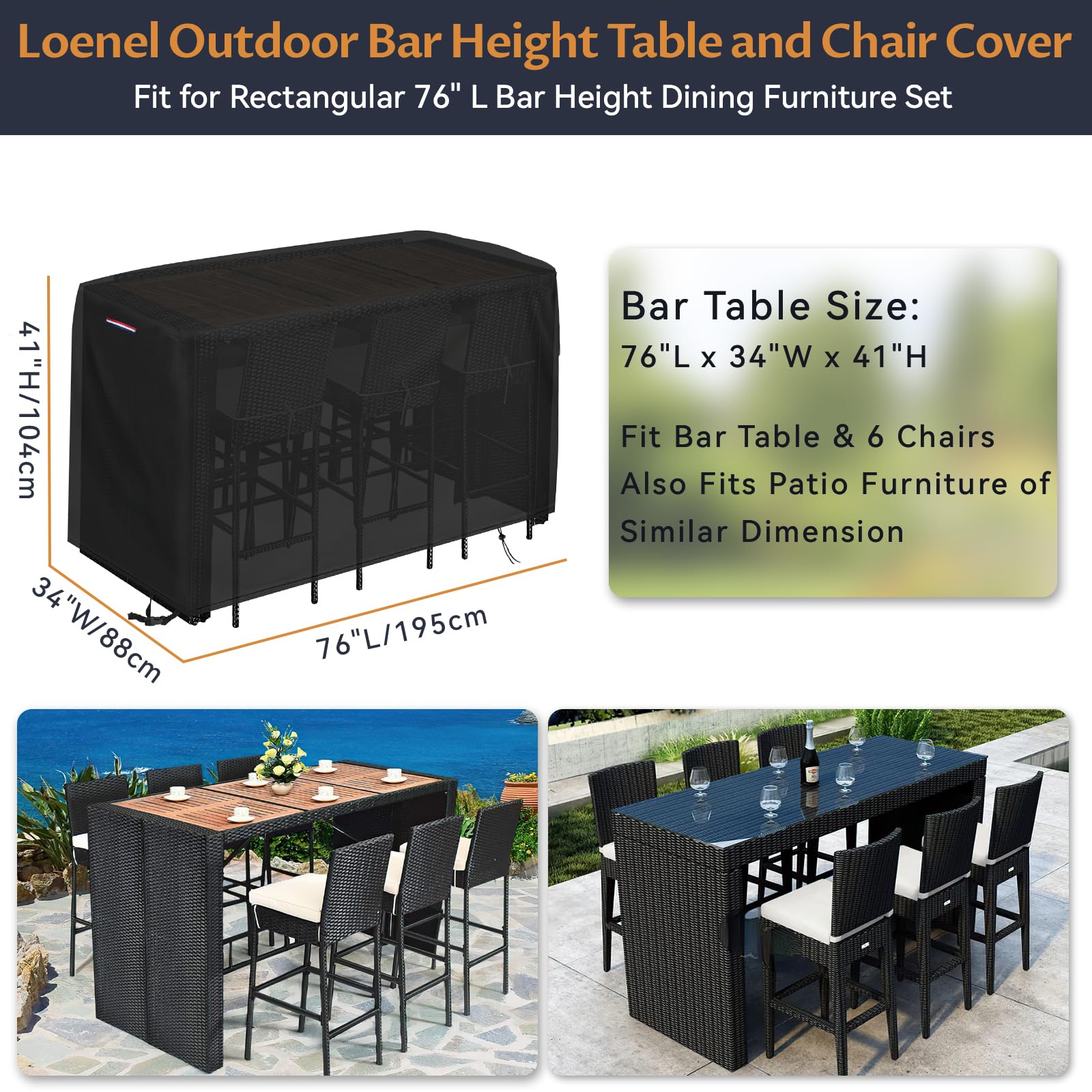 Loenel cover fits 76L x 34W x 42H rectangular bar sets for a snug shield