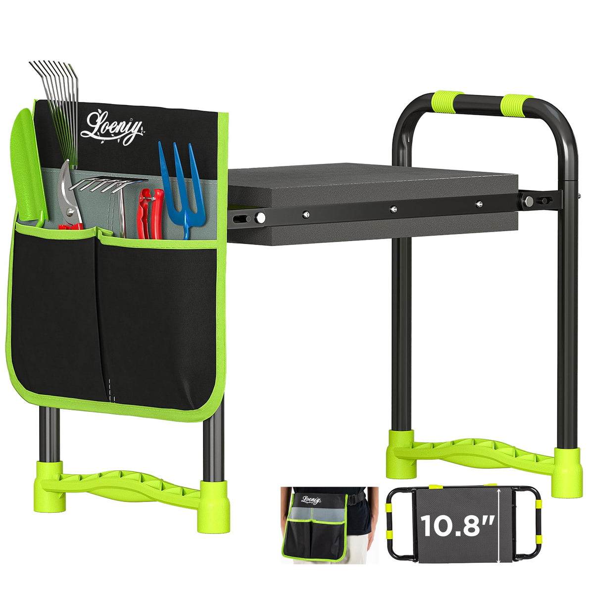 LOENIY garden kneeler with 108-wide seat for comfortable kneeling and sitting support.
