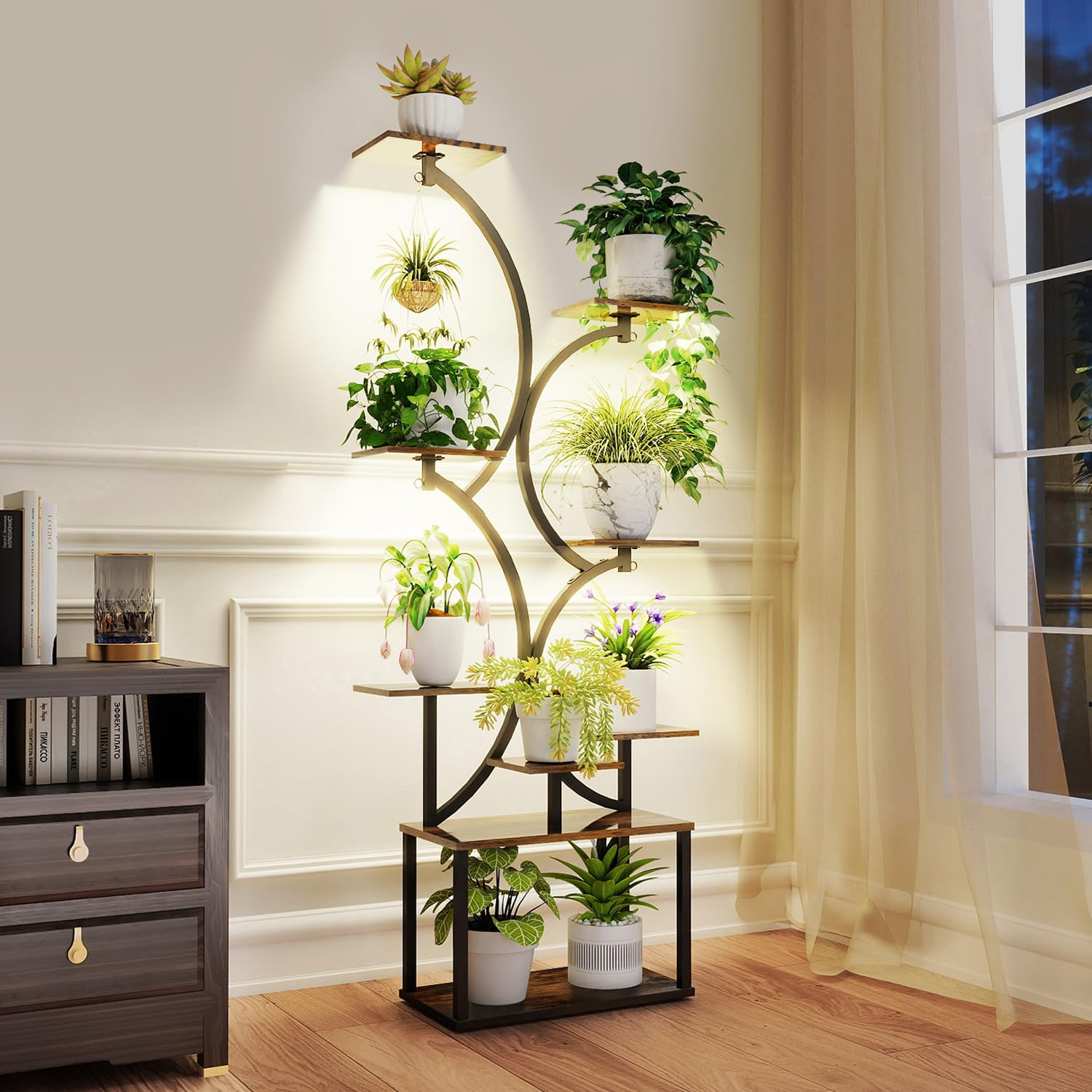 LOFIKEDI quad LED strip on a 9-tier shelf delivering efficient lighting for a lush indoor garden