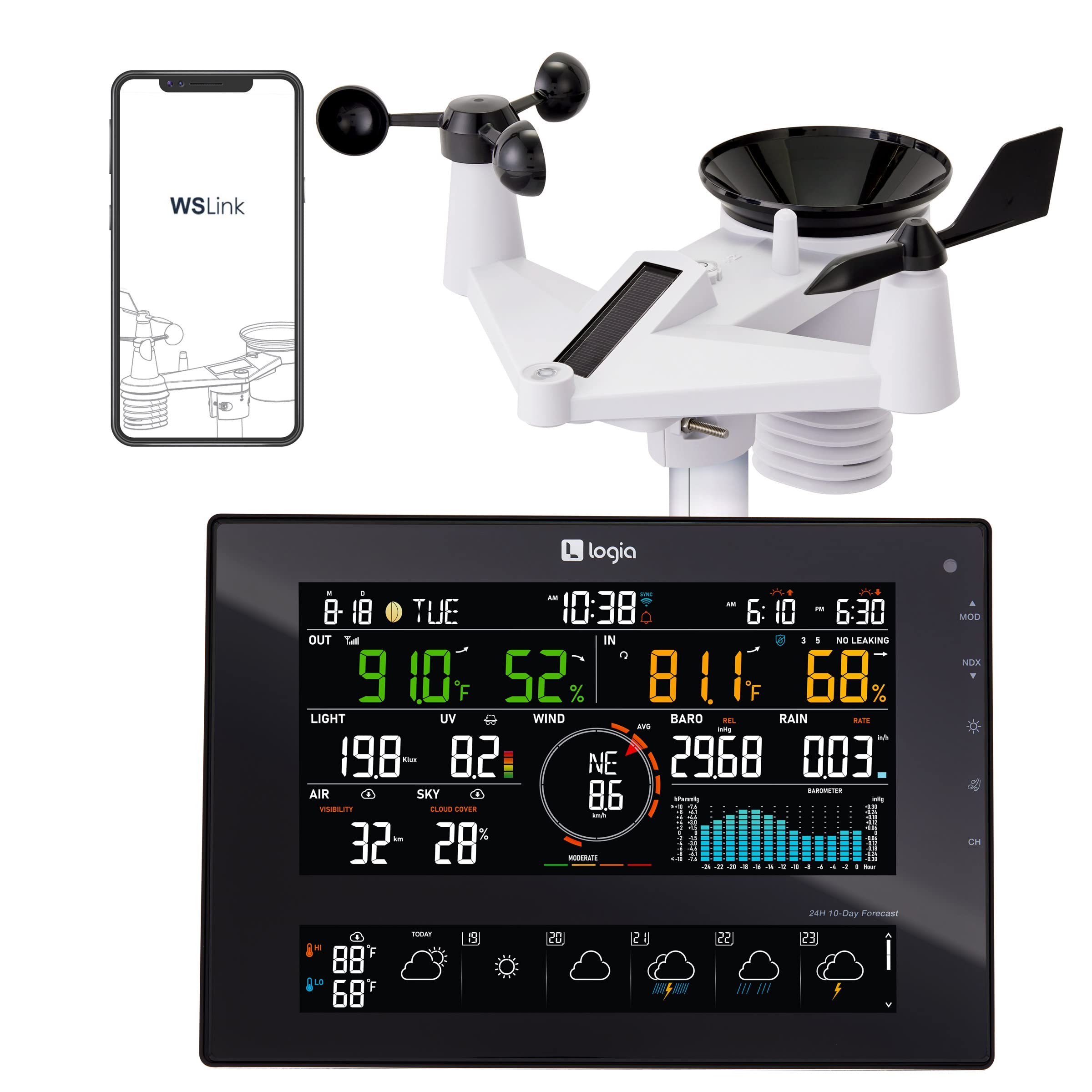 Logia 7-in-1 weather station display console with an 8-inch color screen for quick weather at a glance.