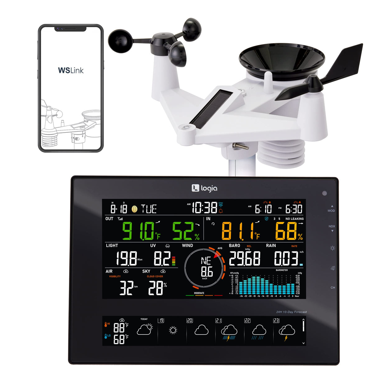 Logia 7-in-1 weather station display console with an 8-inch color screen for quick weather at a glance.