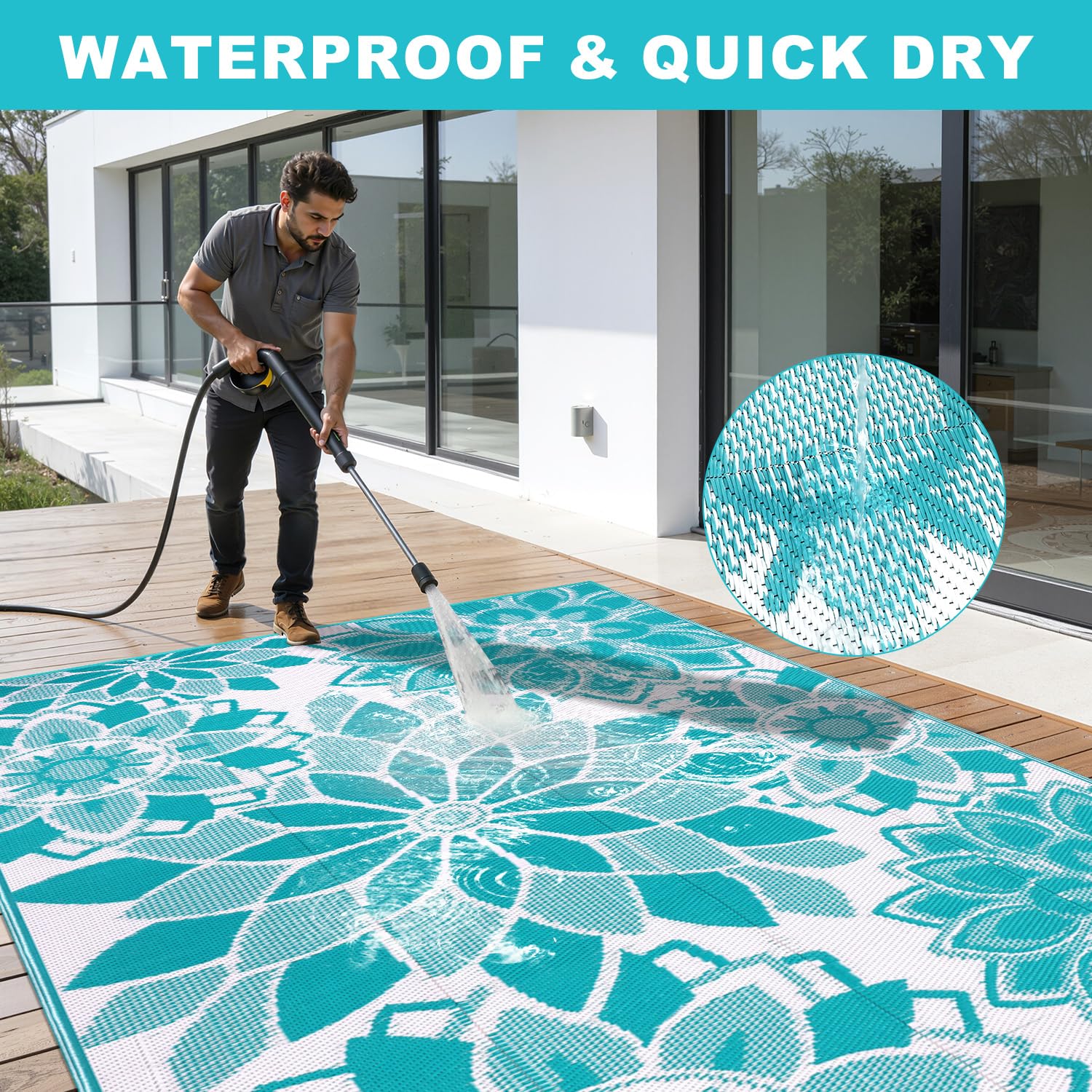 LOKHOM easy-clean outdoor rug rinses clean after dirt and sand