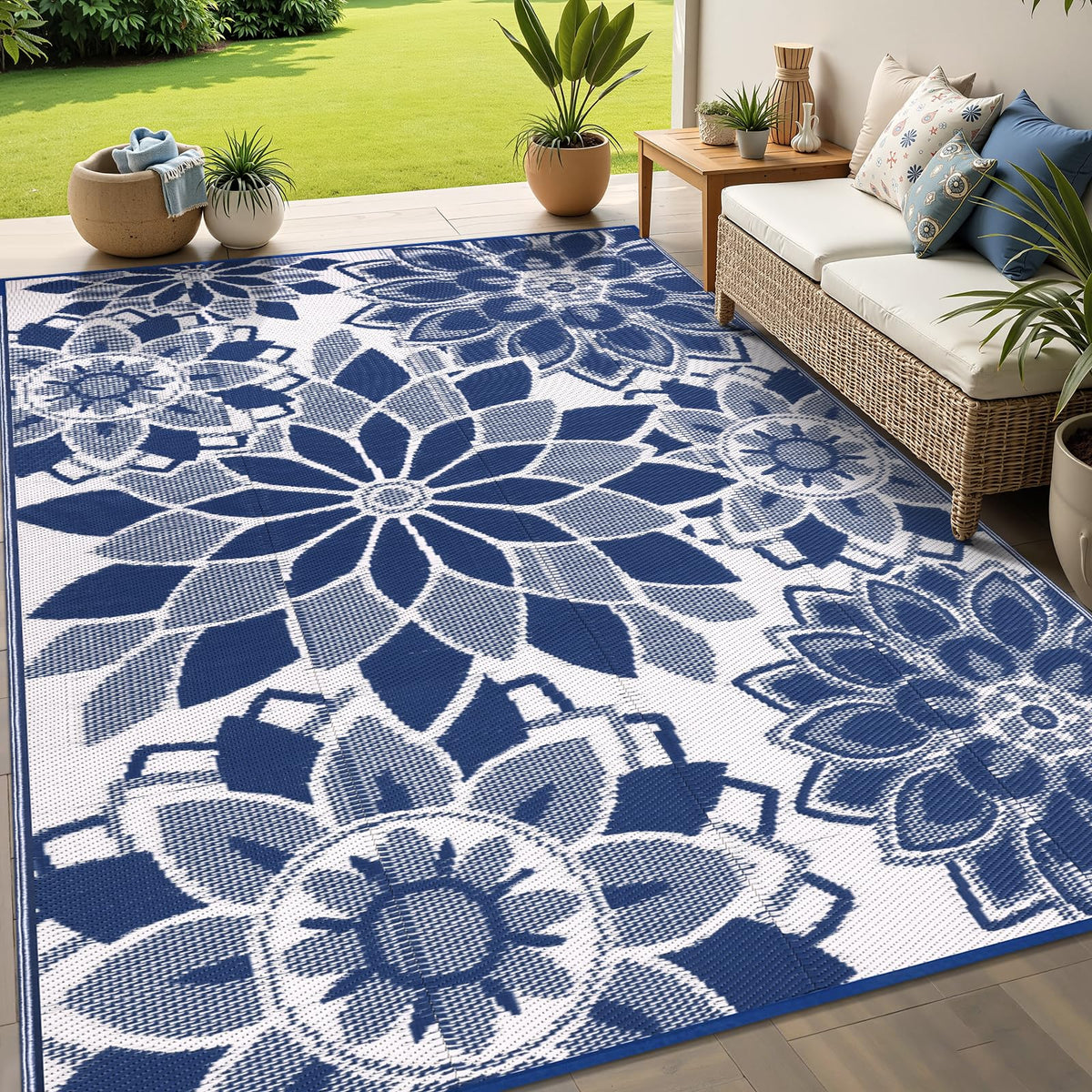 LOKHOM outdoor rug 5x8 setup on a sunlit patio for durable versatility.