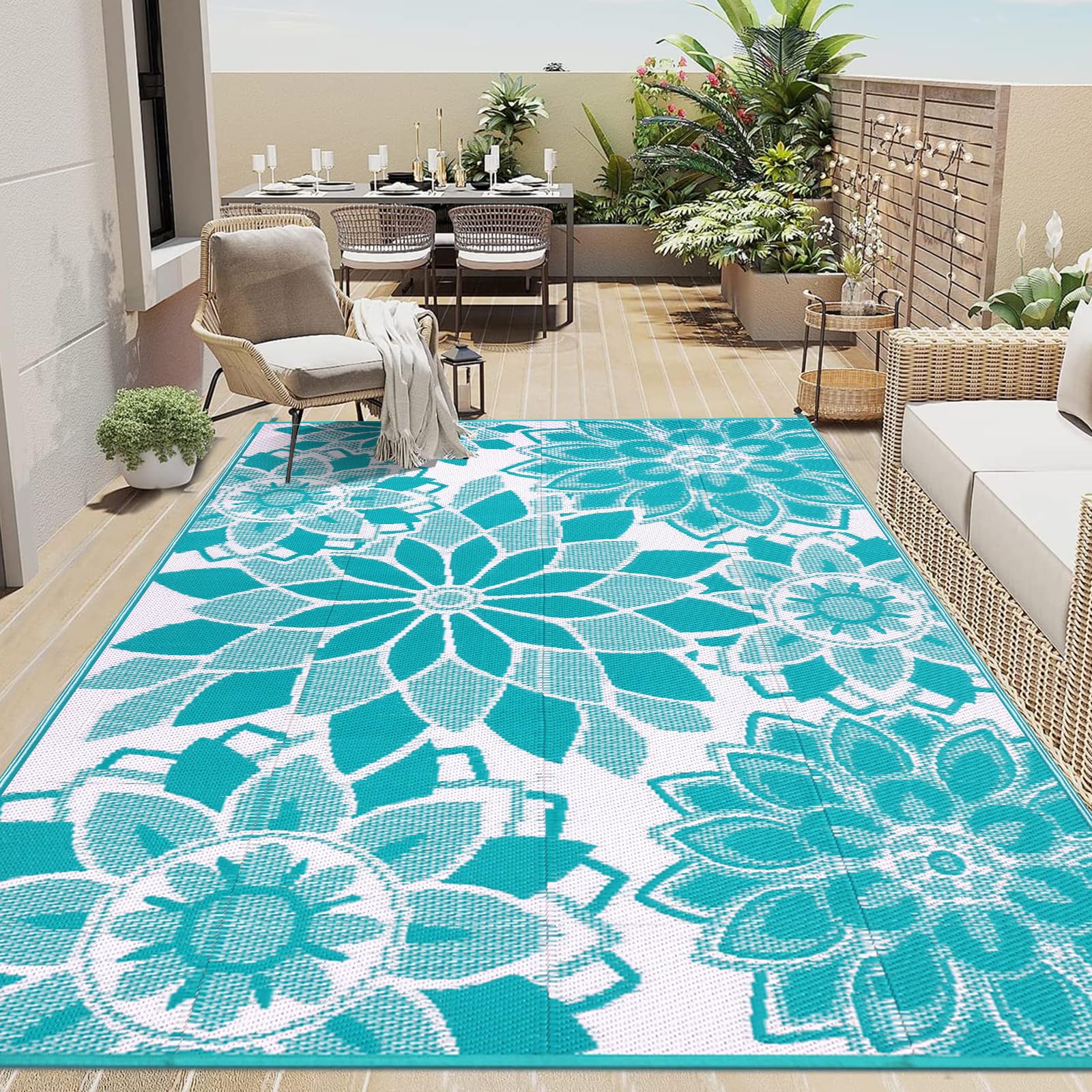 LOKHOM outdoor rug 5x8 teal-white floral for stylish patio and deck comfort.