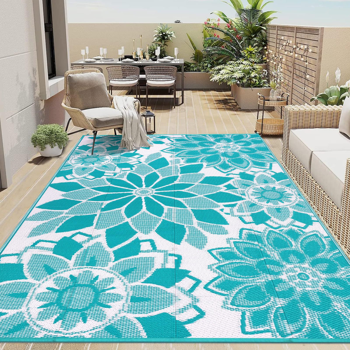 LOKHOM outdoor rug 5x8 teal-white floral for stylish patio and deck comfort.