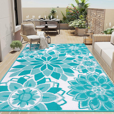 LOKHOM outdoor rug 5x8 teal-white floral for stylish patio and deck comfort.