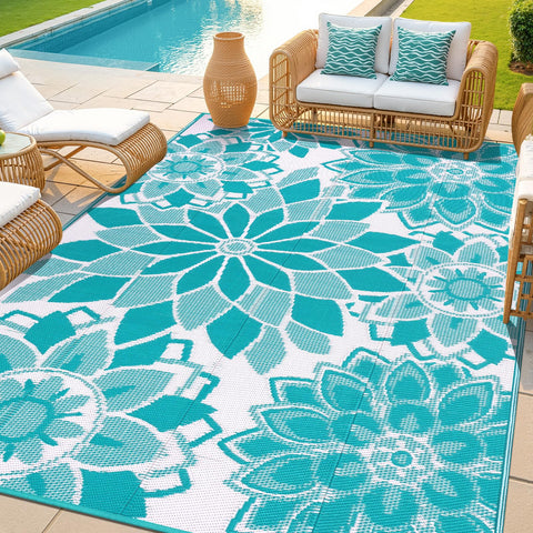 LOKHOM outdoor rug 6x9 in teal floral pattern enhances patio comfort