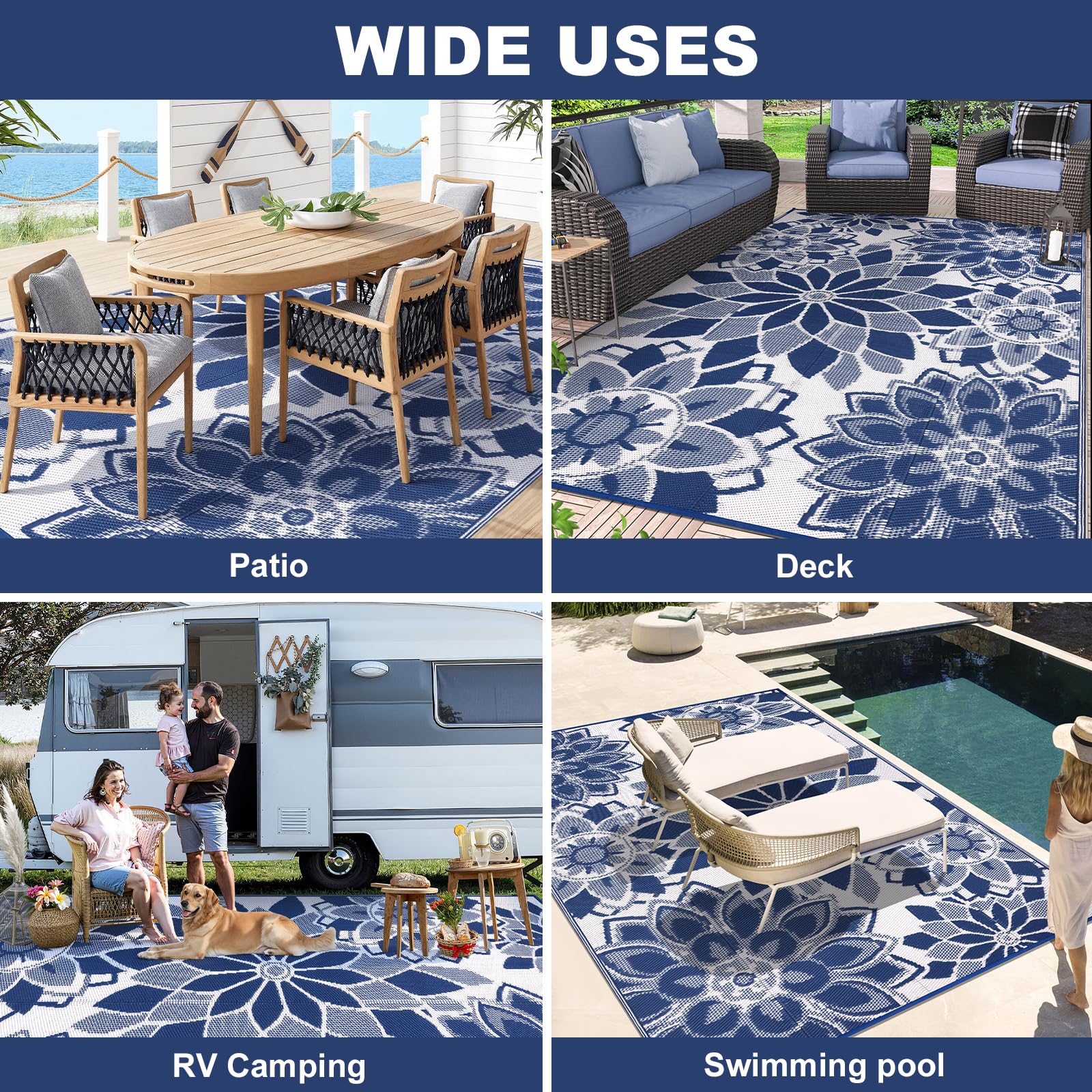 LOKHOM outdoor rug corner loops securement with pegs in grassy area.
